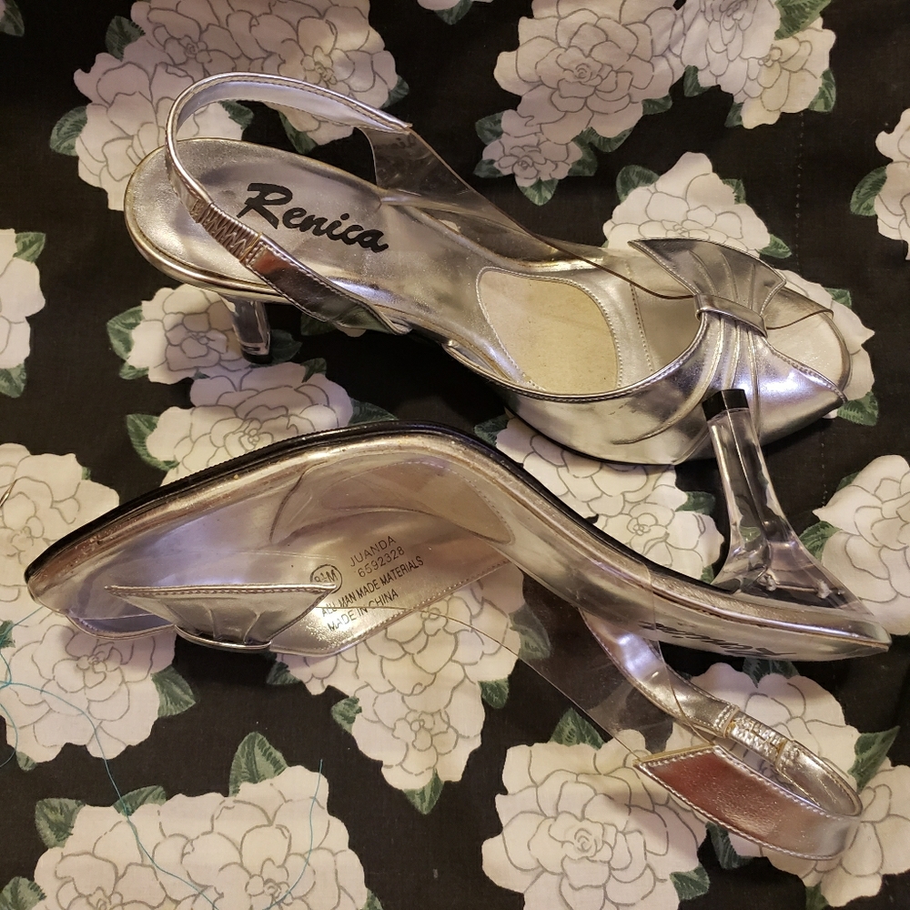 Renica Clear and Silver Bow Sling-back Clear Heel
